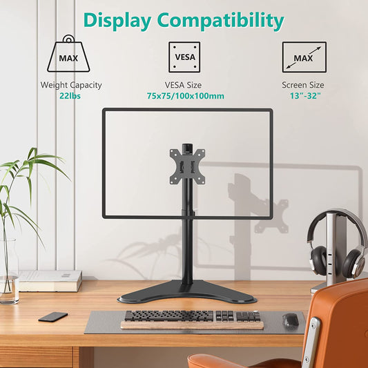 Single Monitor Stand for 13-32 Inch Computer Screens, Freestanding Single Monitor Arm Desk Mount, Universal VESA Monitor Mount 75X75/100X100Mm, Adjustable Height and Angle, (MF001), Black